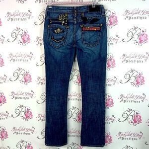 Robin's Jean patchwork jeans skulls. Rosses wings Dark Blue Straight Leg Jeans